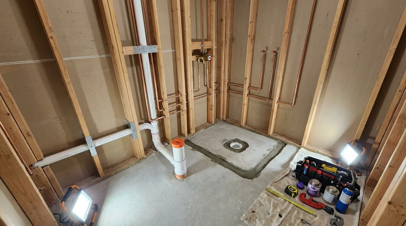 Bathroom rough-in plumbing during remodel by Johns Plumbing LLC in Clarksville