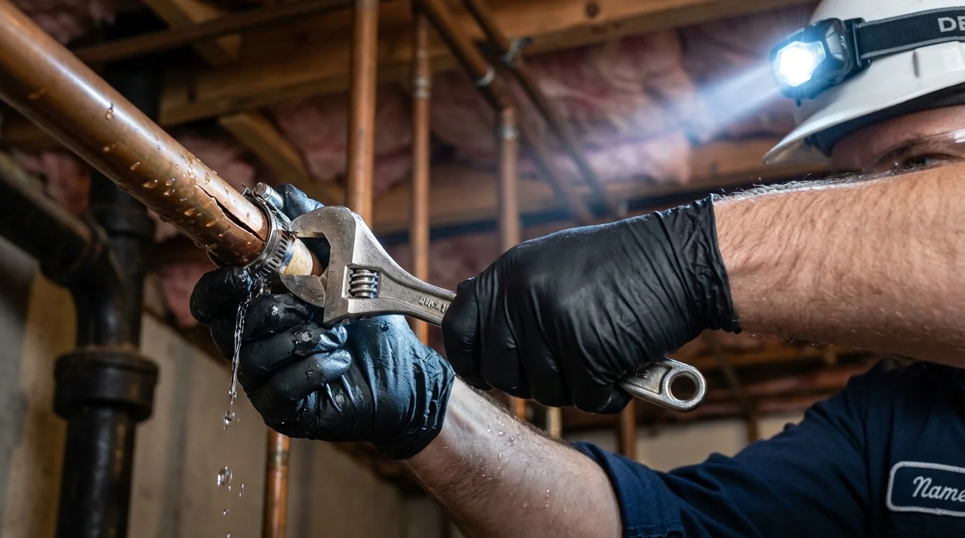 Emergency pipe clamp repair being performed by a Johns Plumbing LLC plumber in Clarksville
