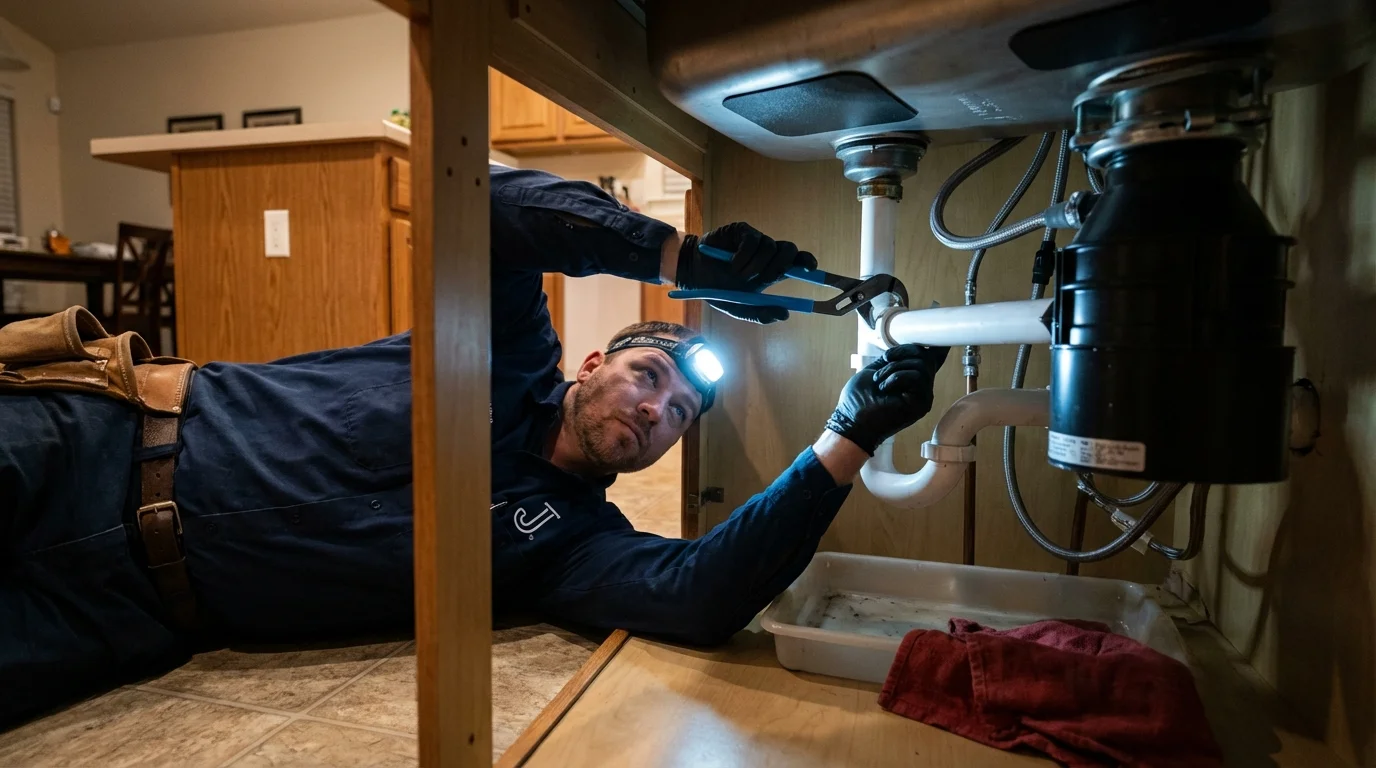 P-trap and supply line connections under a kitchen sink showing a common leak point in Clarksville, TN